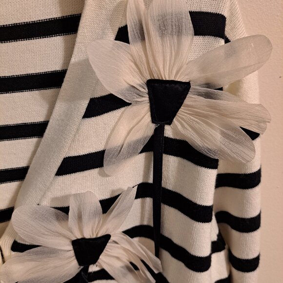 Black and Cream Striped V-Neck Cardigan with Flowers - Picture 3 of 5